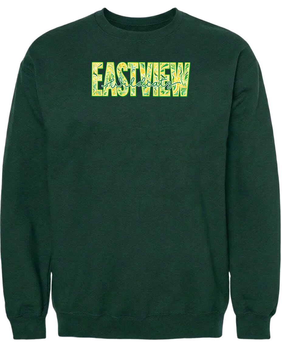 A dark green sweatshirt with the word "EASTVIEW" printed in yellow letters across the front.