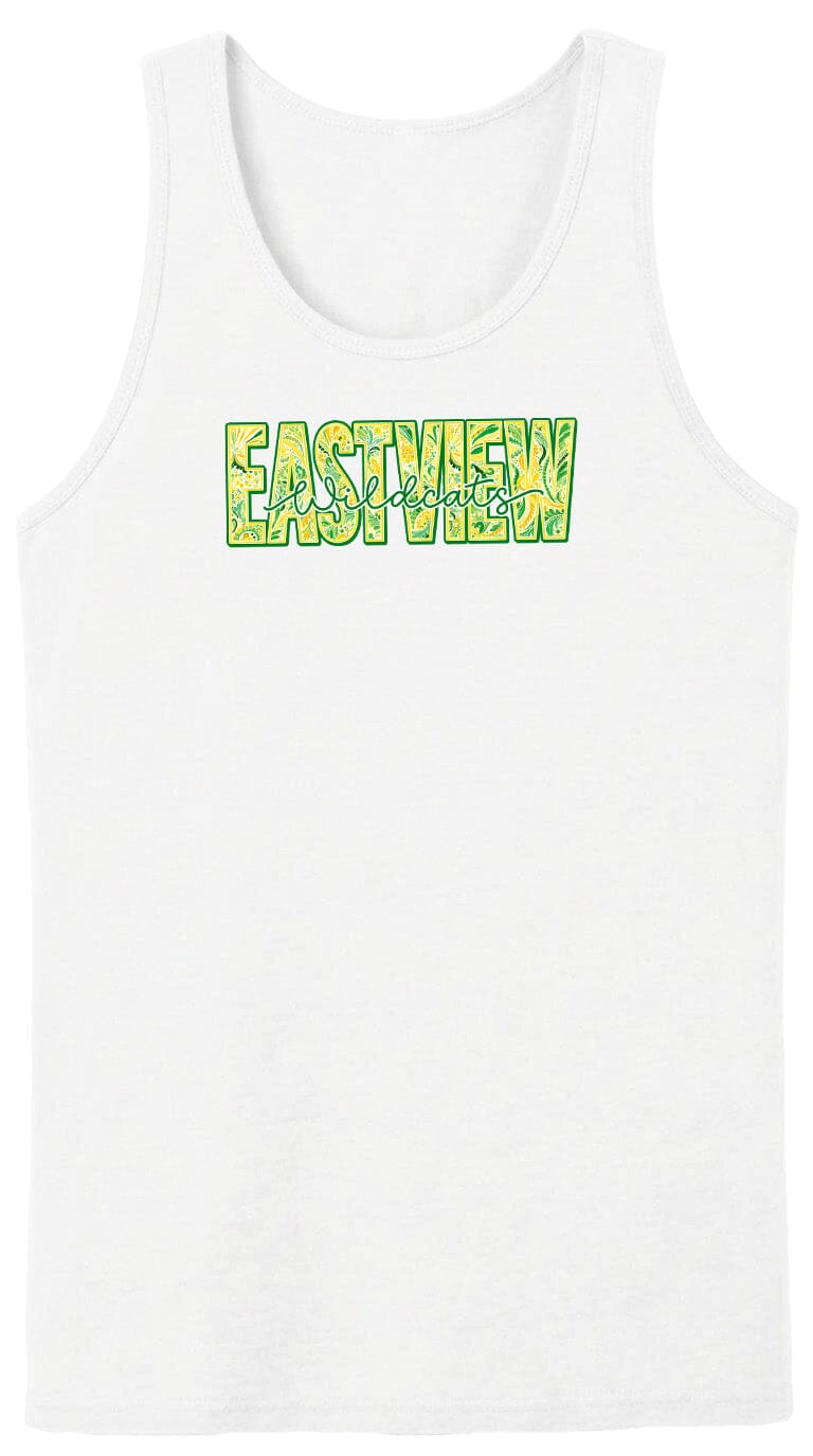 A white tank top with the word "EASTVIEW" printed in green and yellow letters across the front.