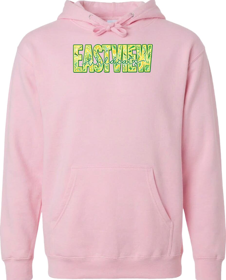 A pink hoodie with a graphic design on the front.