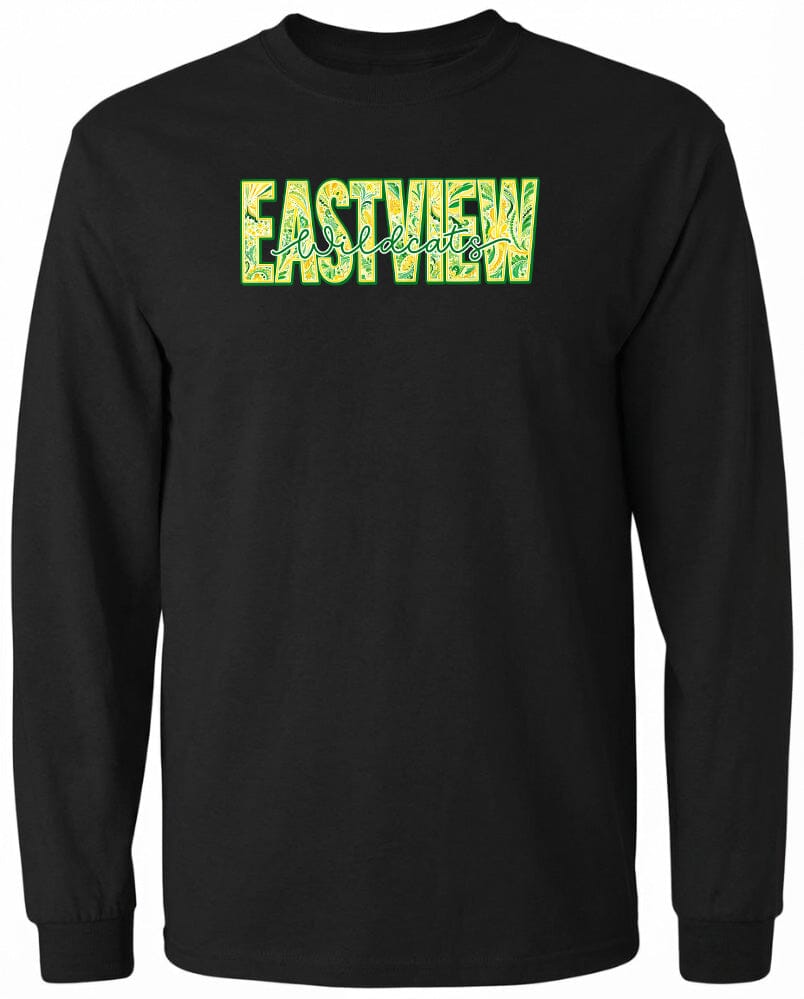A black long-sleeved shirt with the word "EASTVIEW" printed in large, colorful letters across the front.