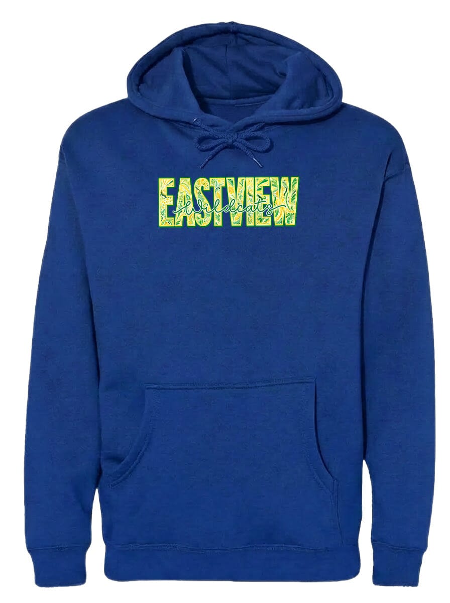 A navy blue hoodie with the word "EASTVIEW" printed in yellow letters across the front.