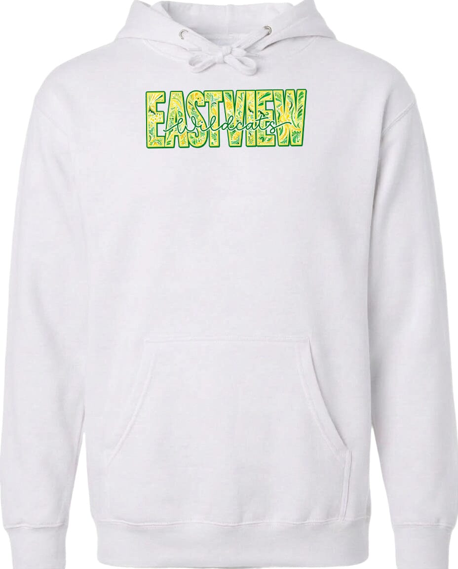 A white hoodie with a graphic design on the front.