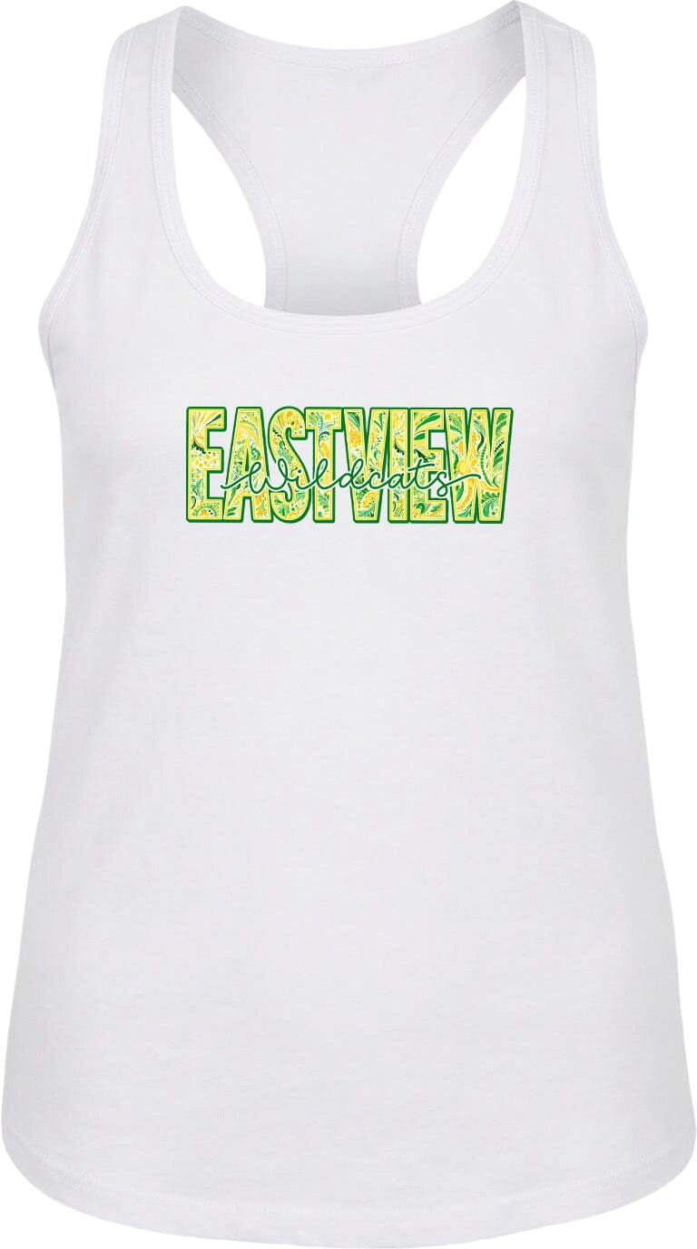 A white tank top with the word "EASTVIEW" printed in green and yellow text across the front.