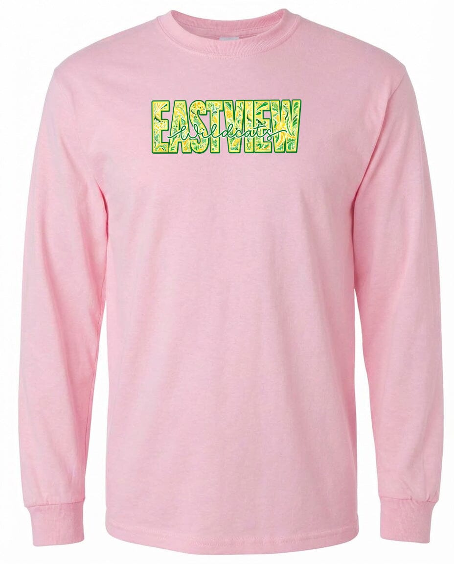 A pink long-sleeved t-shirt with the word "EASTVIEW" printed on it in a stylized font.