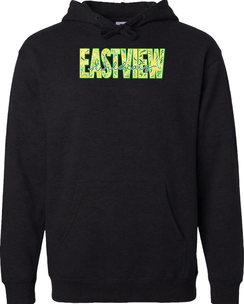 A black hoodie with the word "EASTVIEW" printed on it in a stylized font.