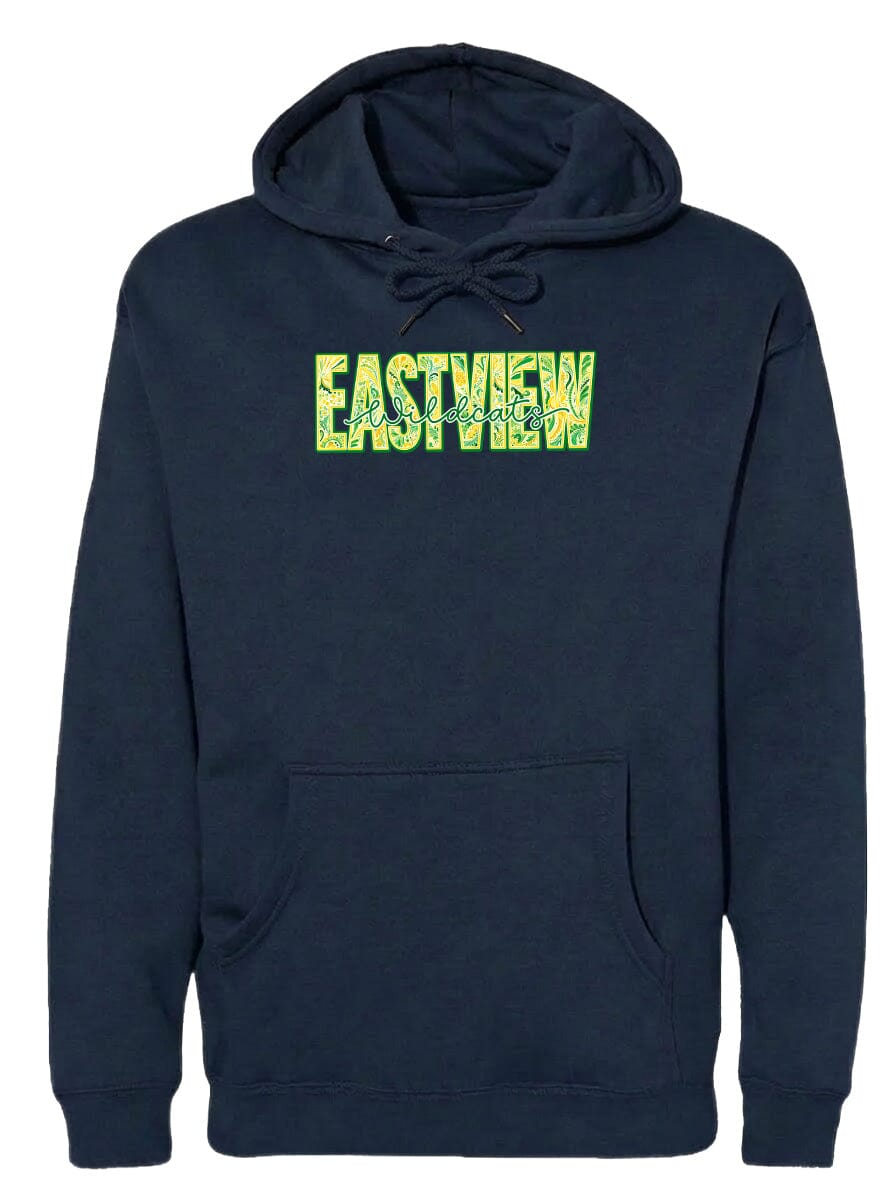 A navy blue hoodie with the word "EASTVIEW" printed in yellow letters across the front.