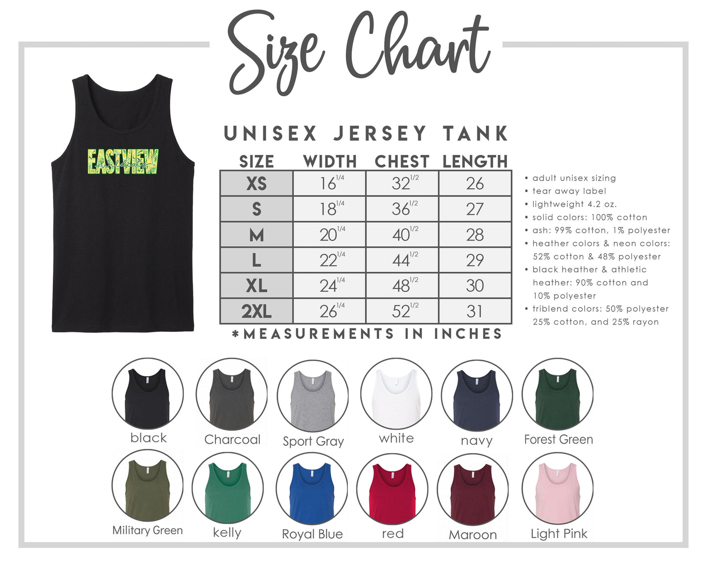 The image is a size chart for a unisex jersey tank, providing measurements and corresponding tank sizes for different chest lengths.