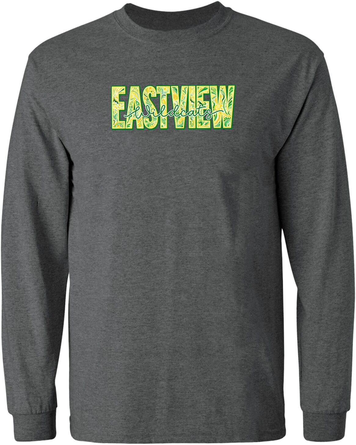 A gray long-sleeved shirt with the word "EASTVIEW" printed in a stylized font across the chest area.
