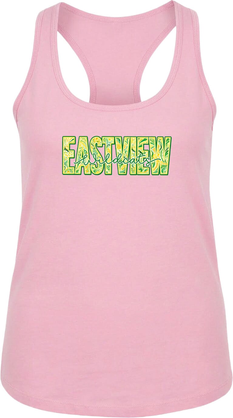 A pink tank top with the text "EASTVIEW" printed on it in a stylized font.