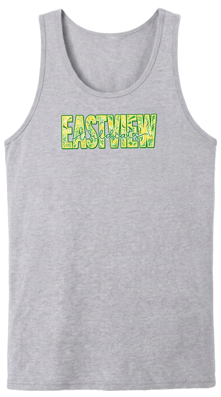 A gray tank top with the word "EASTVIEW" printed in green and yellow letters across the front.