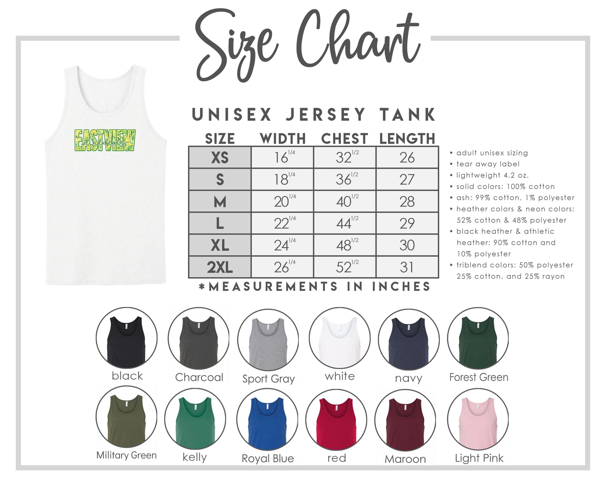 The image is a size chart for a unisex jersey tank, providing measurements and corresponding tank sizes for different chest lengths.
