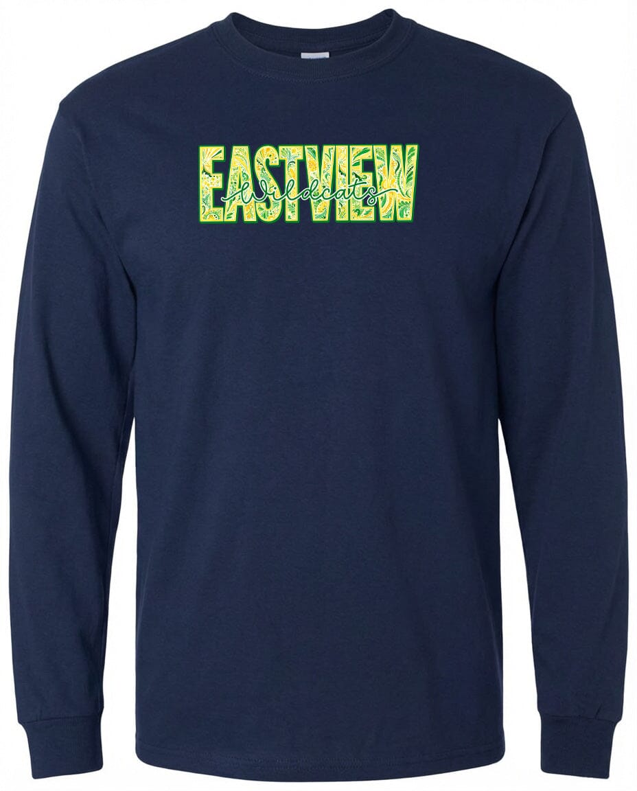 A navy blue long-sleeved shirt with a large yellow text logo on the front.