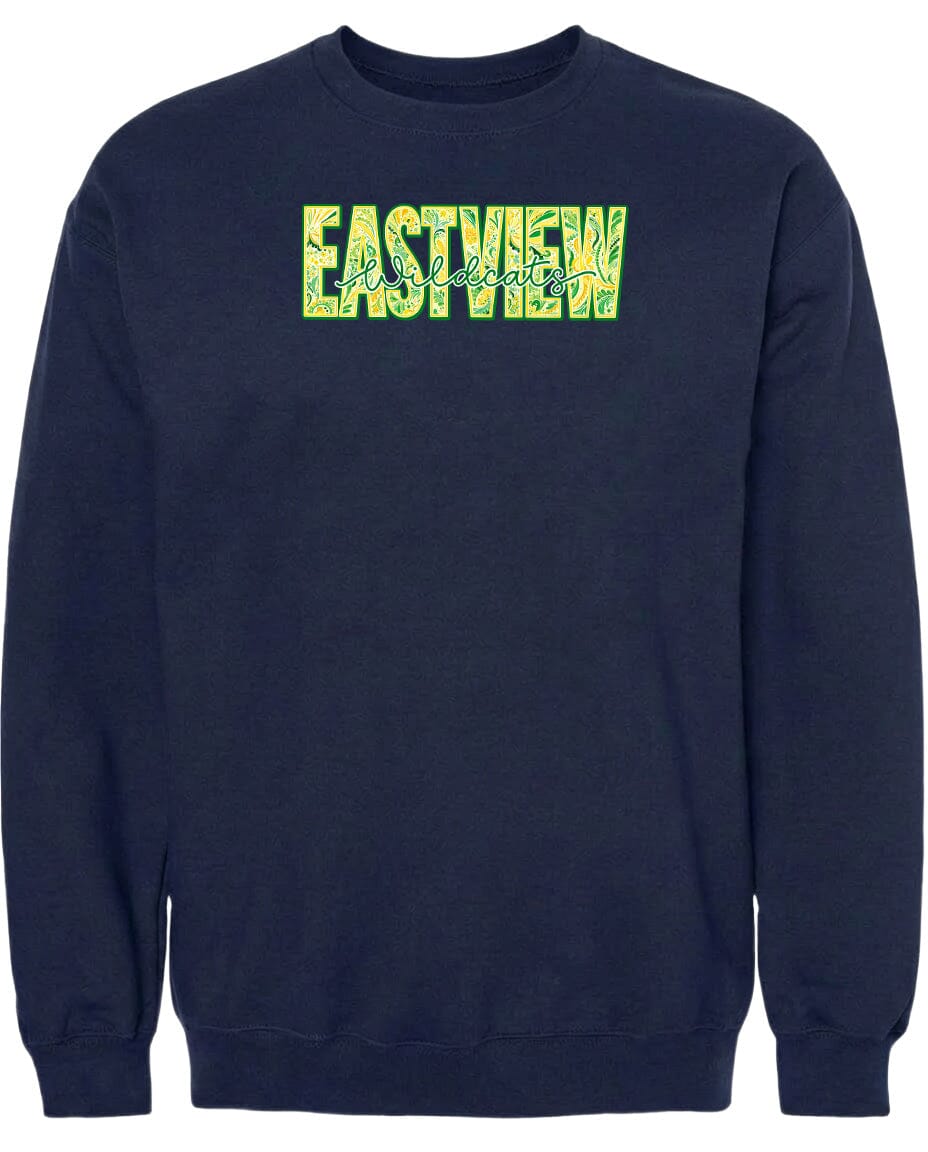 A navy blue sweatshirt with the word "EASTVIEW" printed in yellow letters across the front.