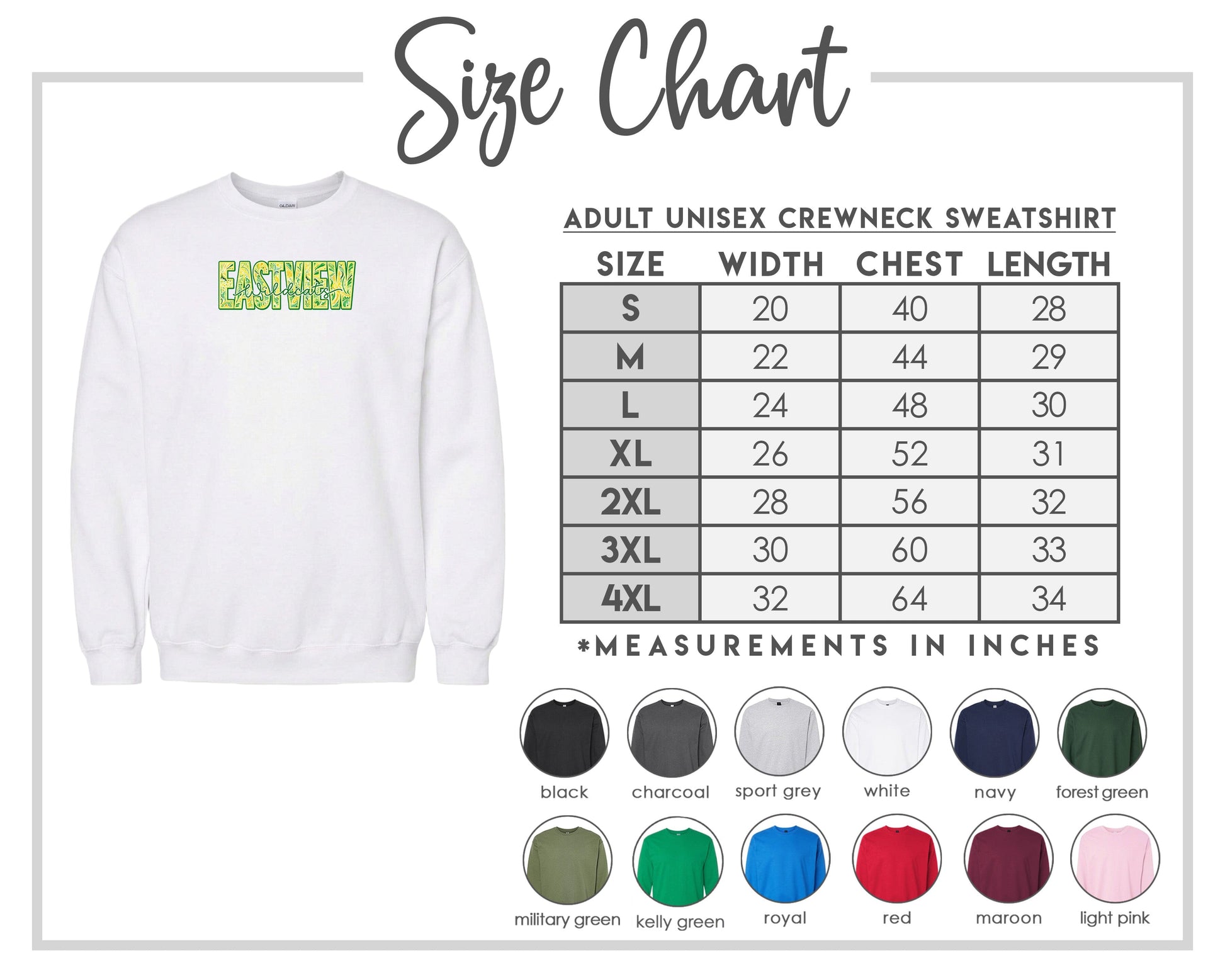 The image is a size chart for an adult unisex crewneck sweatshirt, showing the measurements for different chest sizes.