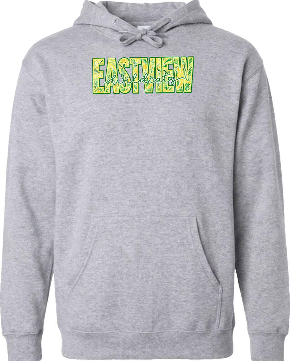 A gray hoodie with a large text logo on the front.