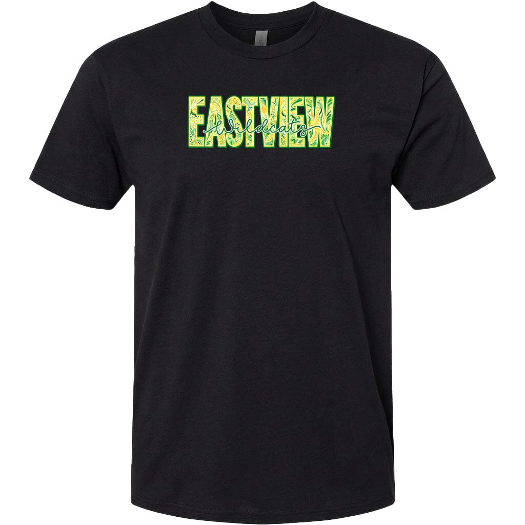 A black t-shirt with a large, colorful logo printed on it.