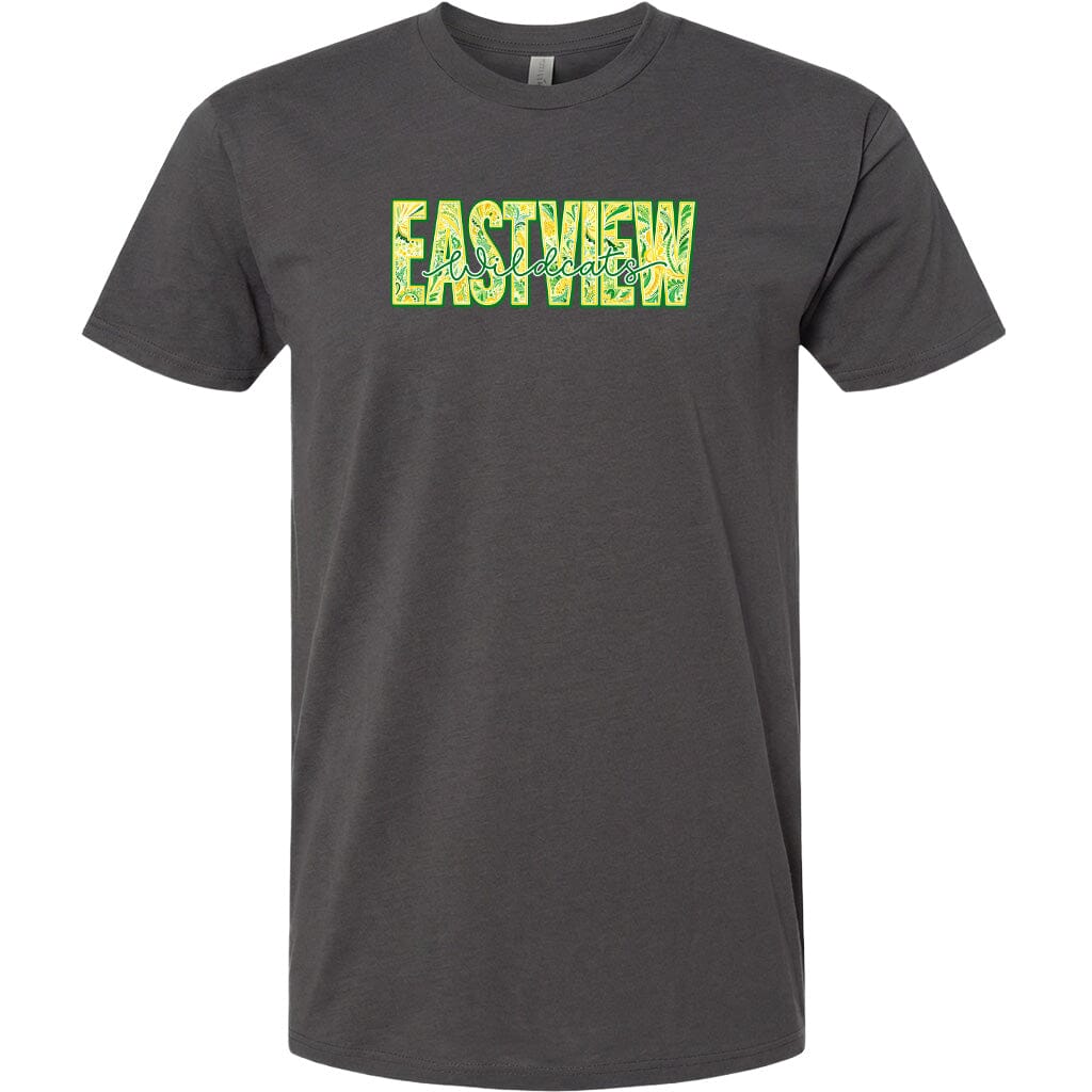 A gray t-shirt with the text "EASTVIEW" printed in green and yellow letters.