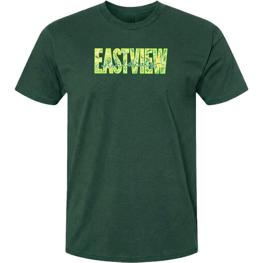A dark green t-shirt with the text "EASTVIEW" printed on it in a stylized font.