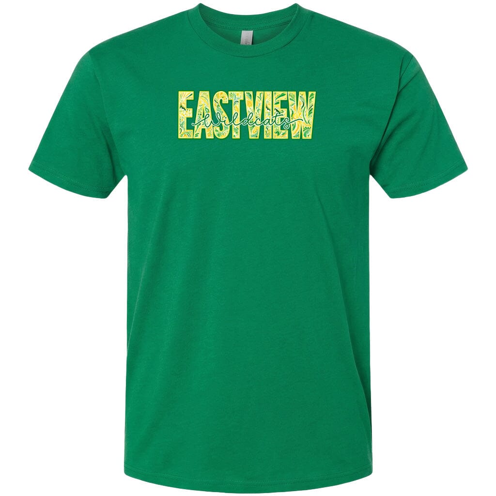 A green t-shirt with the word "EASTVIEW" printed on it in a stylized font.