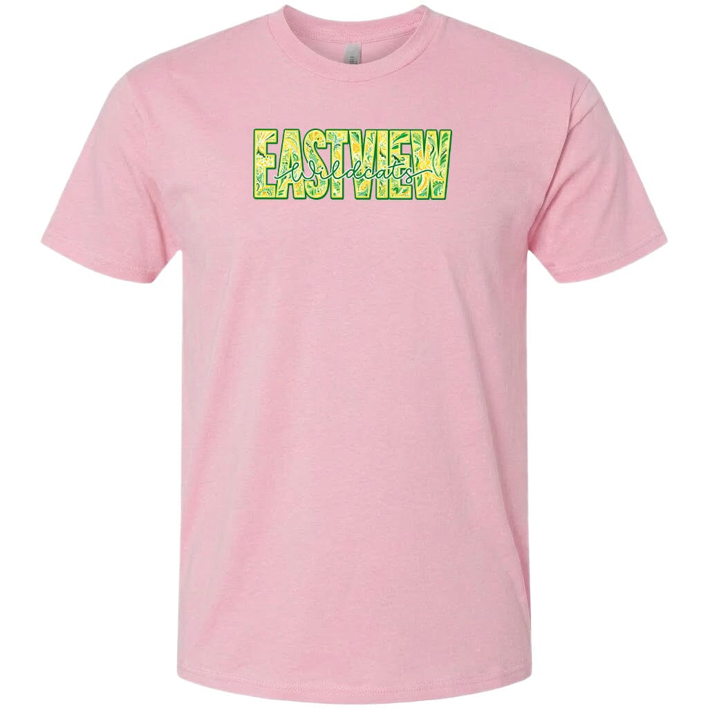 A pink t-shirt with a graphic design featuring the word "EASTVIEW" in a stylized font.