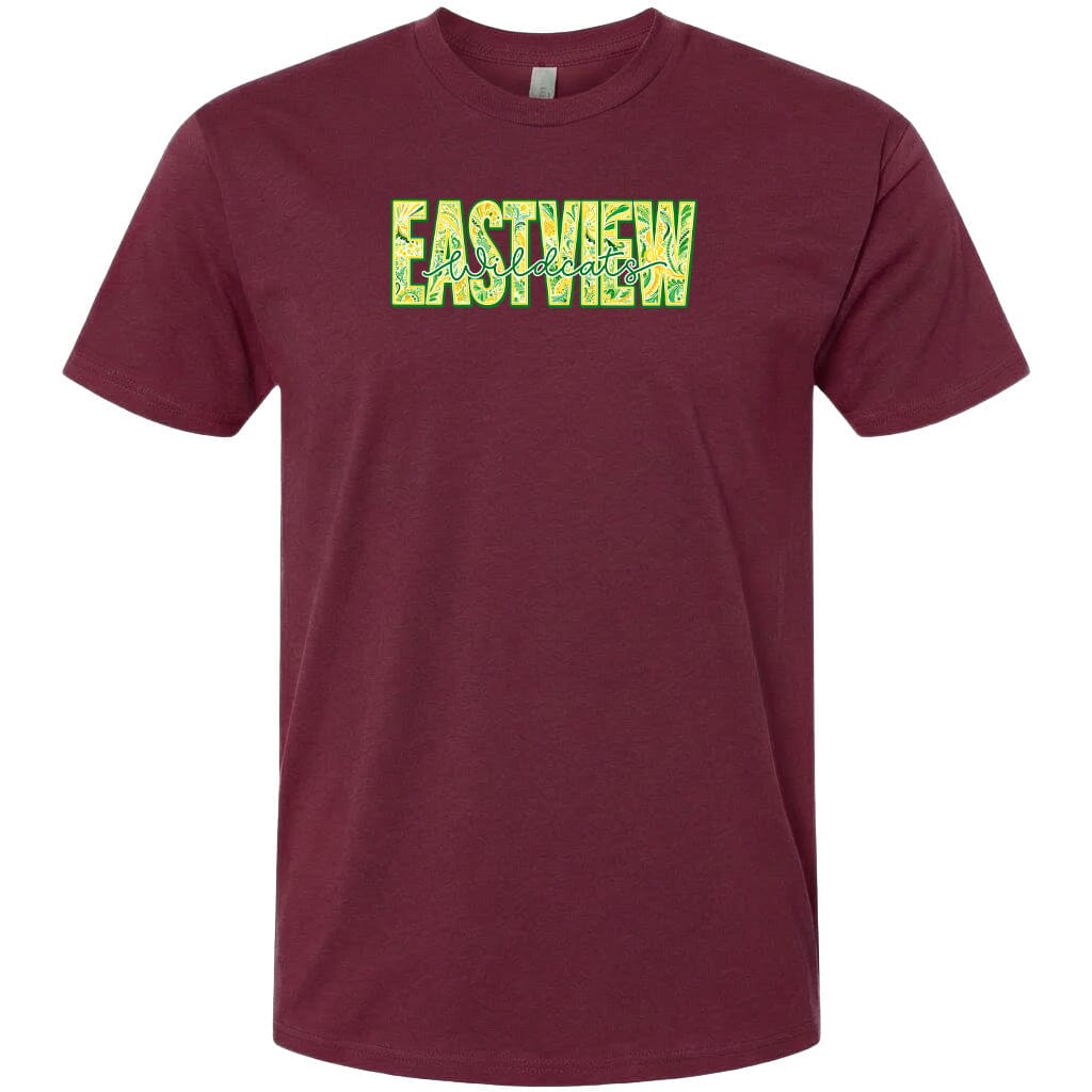 A burgundy-colored t-shirt with the text "EASTVIEW" printed in a stylized font.