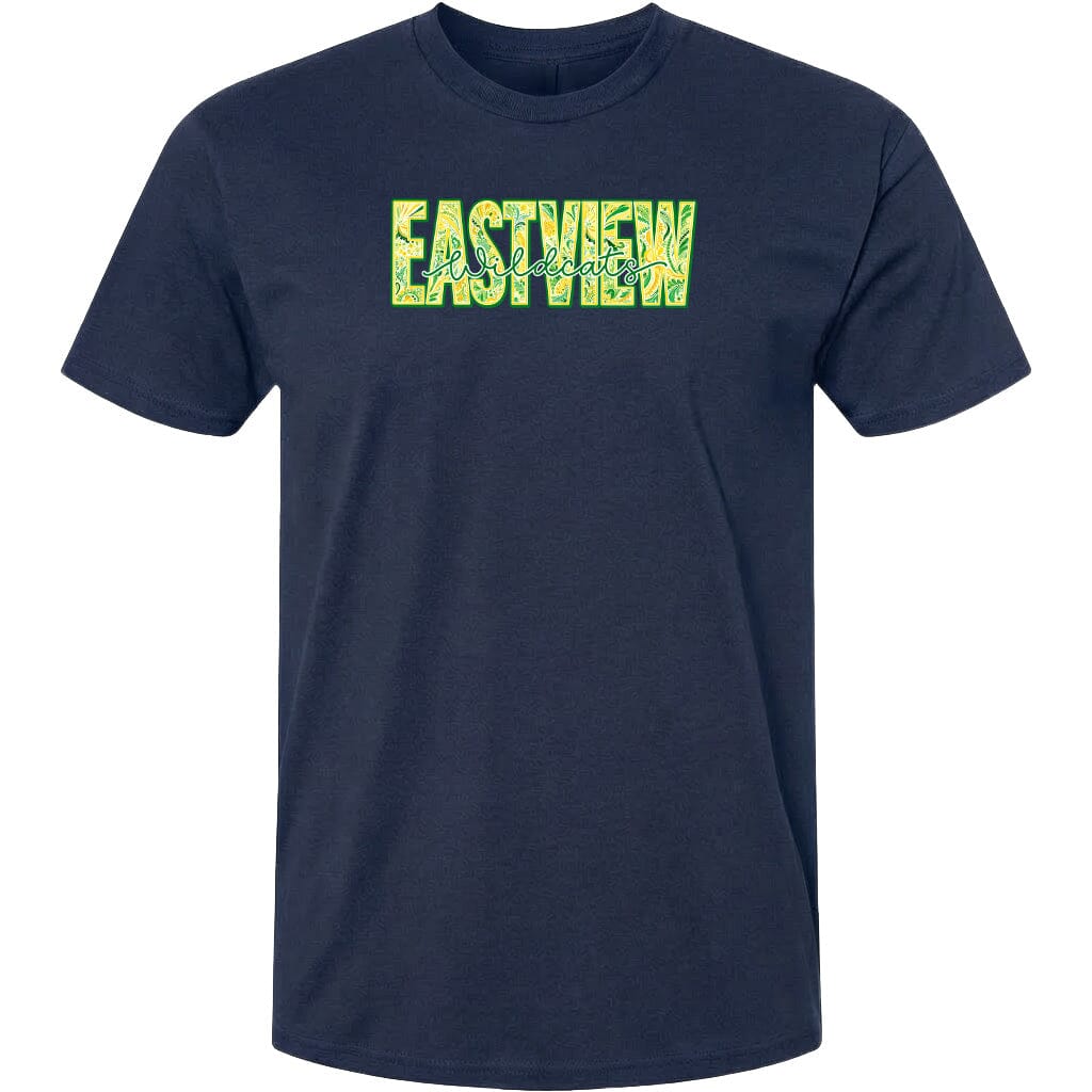 A navy blue t-shirt with the word "EASTVIEW" printed in green text.