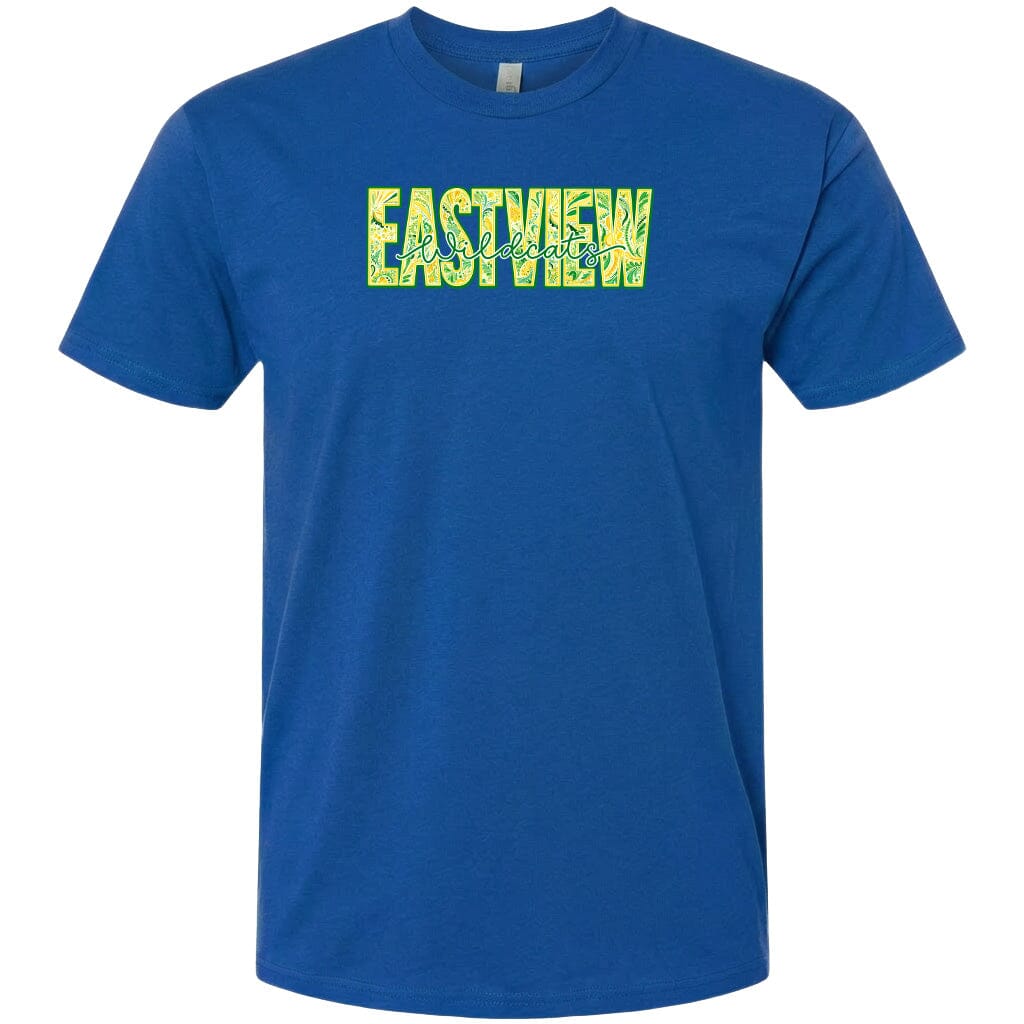 A blue t-shirt with the word "EASTVIEW" printed in yellow letters.