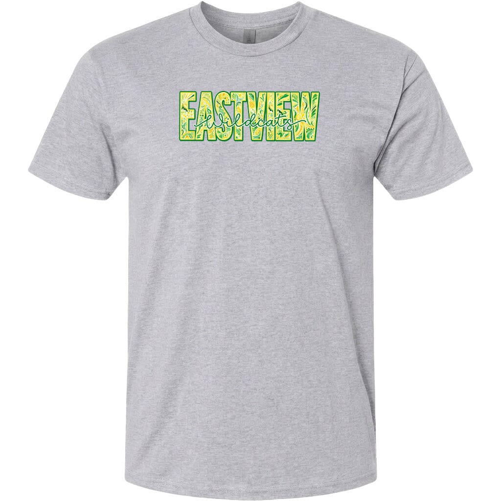 A gray t-shirt with a graphic design featuring the word "EASTVIEW" in green and yellow text.