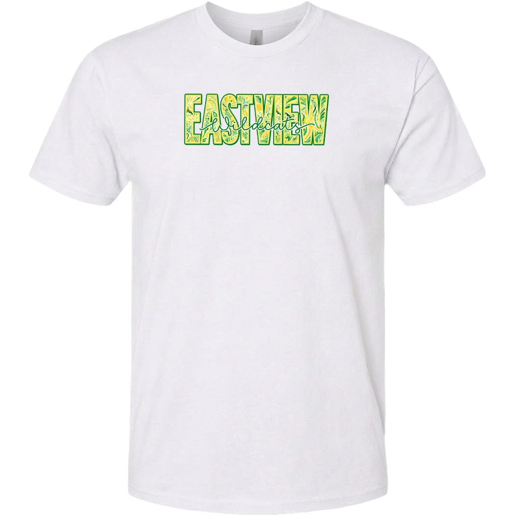 A white t-shirt with a graphic design featuring the word "EASTVIEW" in a stylized font.