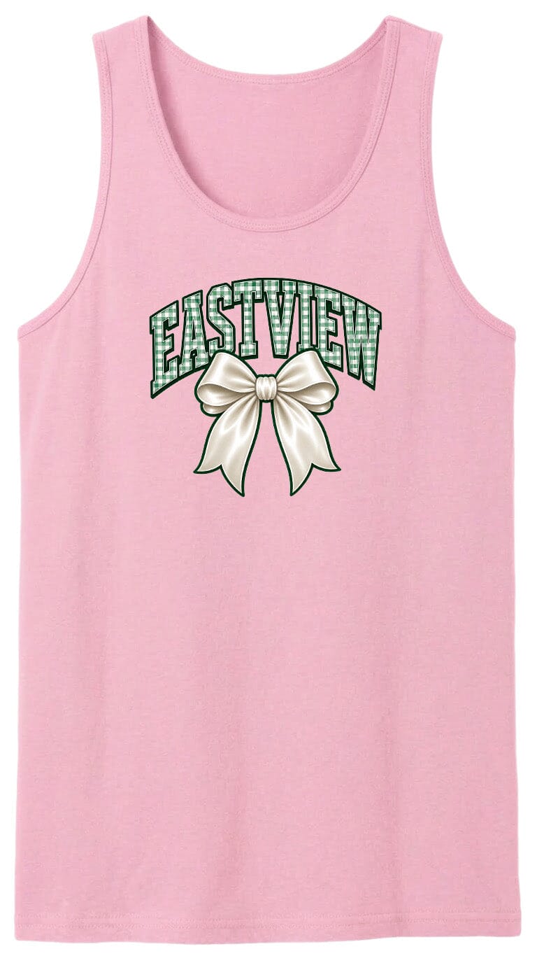 A pink tank top with a bow and the word "EASTVIEW" printed on it.