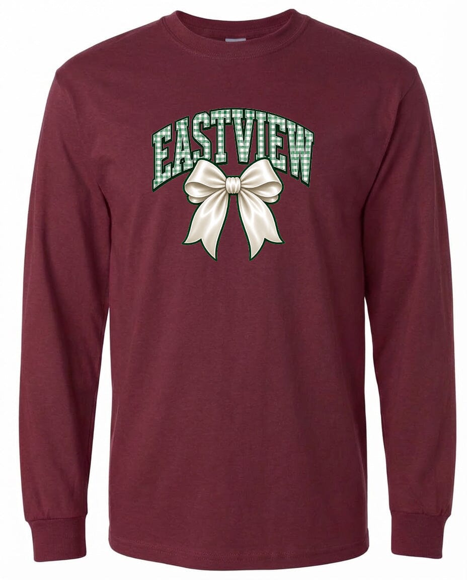 A burgundy long-sleeved t-shirt with a graphic design featuring a white bow and the word "EASTVIEW" printed on it.