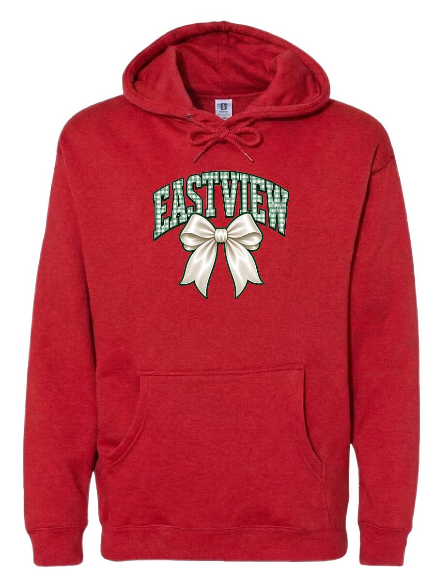 A red hoodie with a white bow and the word "EASTVIEW" printed on it.