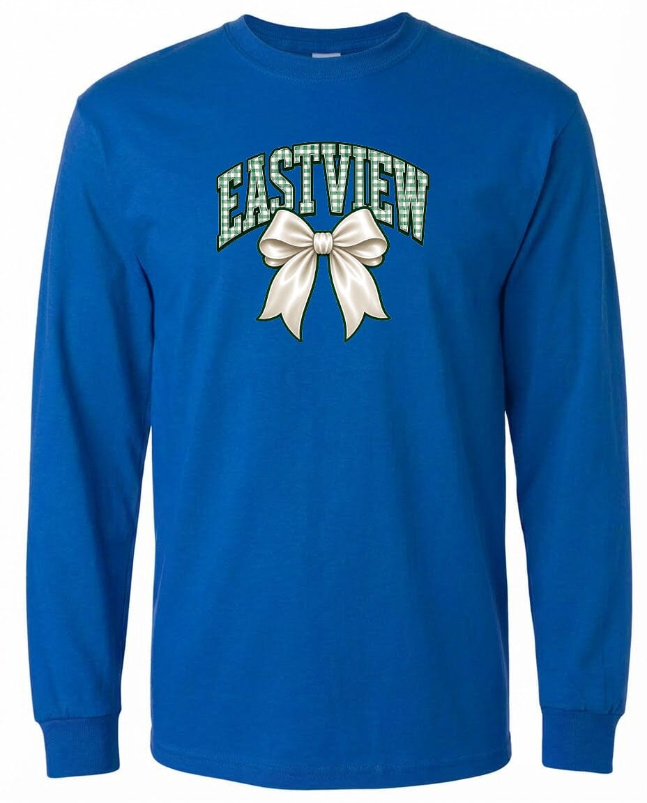 A blue long-sleeved t-shirt with a graphic design on the front.