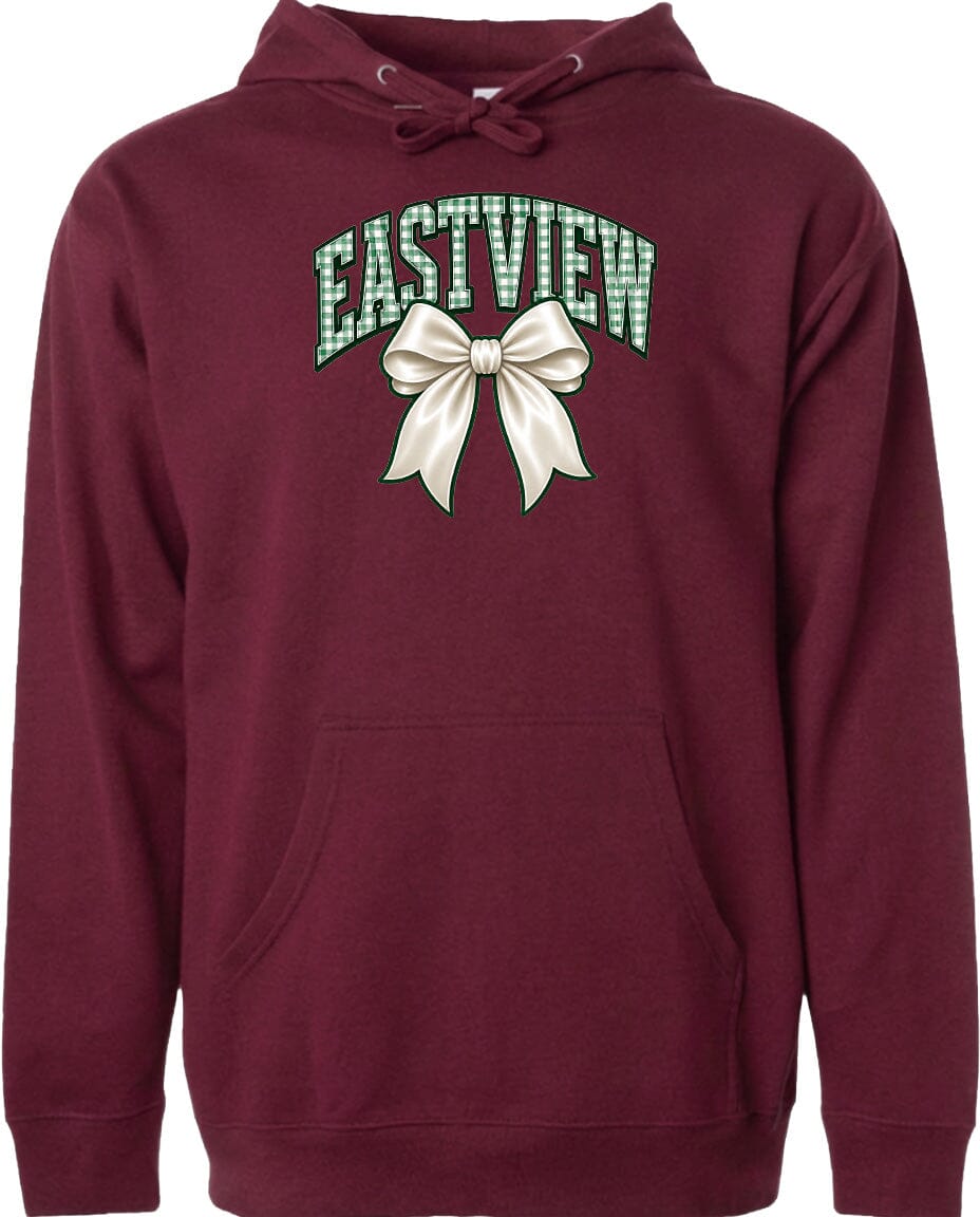 A burgundy-colored hoodie with a graphic design on the front, featuring a white bow and the word "EASTVIEW" written in green.