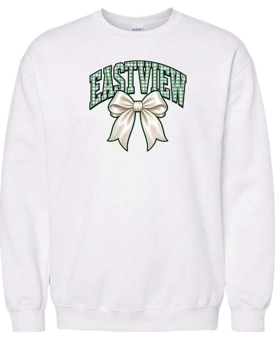 A white sweatshirt with a graphic design featuring a bow and the word "EASTVIEW" printed on it.