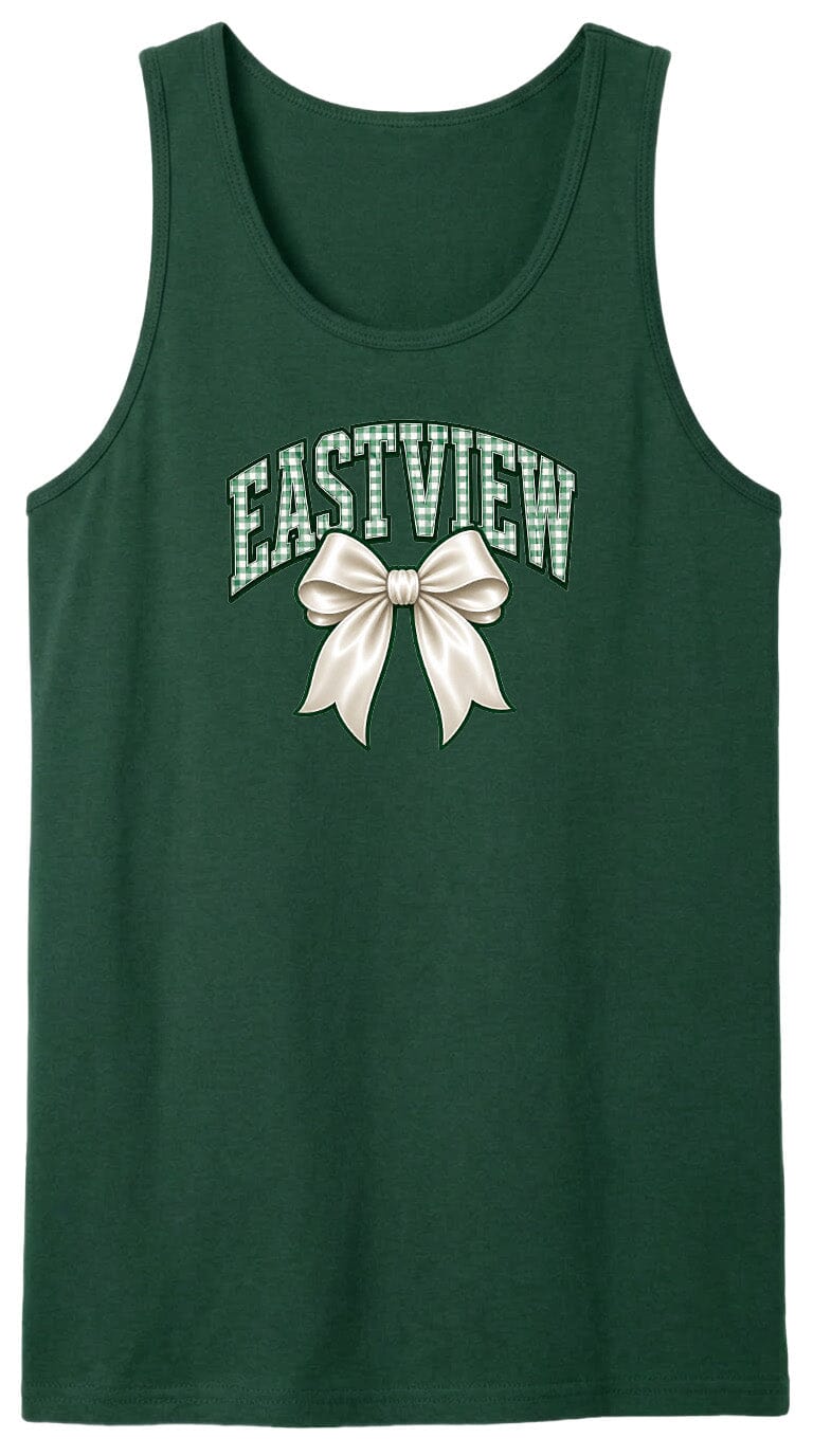 A green tank top with the word "EASTVIEW" and a bow graphic printed on it.