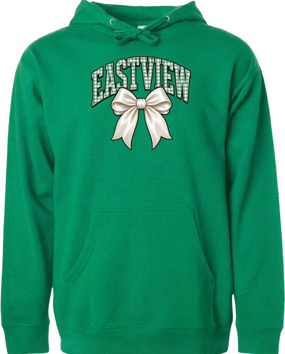 A bright green hoodie with a white bow on the front.