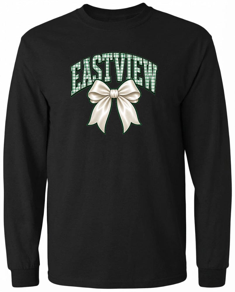 A black long-sleeved shirt with a graphic design on the front. The design features a white bow and the word "EASTVIEW" written in green text.