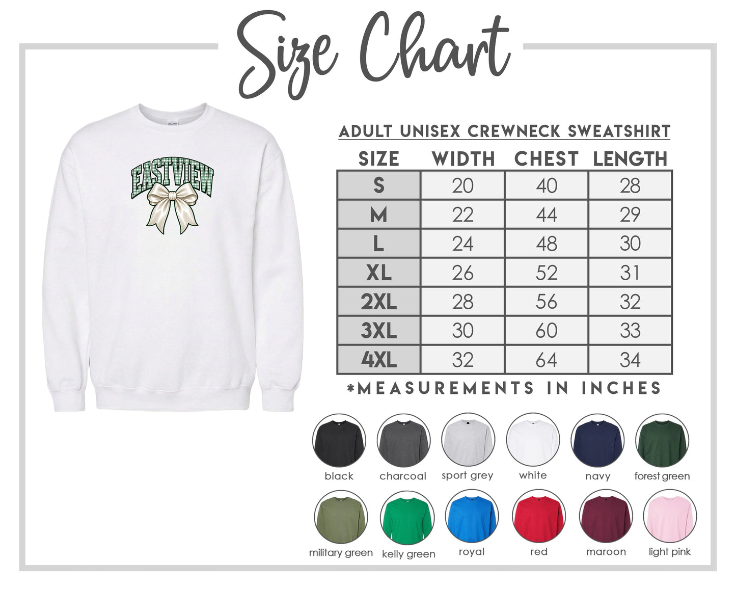 The image is a size chart for an adult unisex crew neck sweatshirt. It includes a white crew neck sweatshirt with a bow and a table with size measurements and corresponding shirt colors.