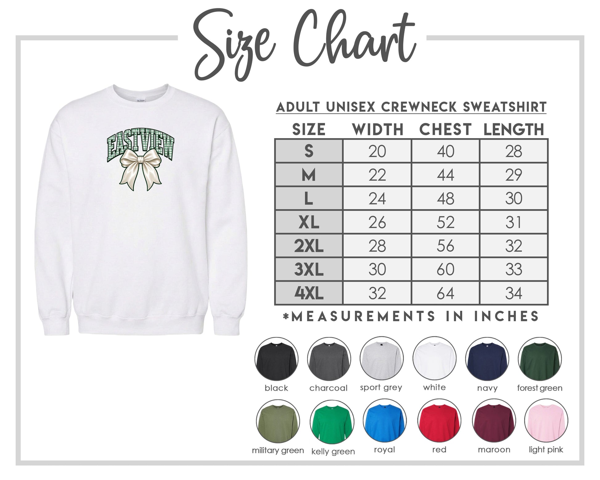The image is a size chart for an adult unisex crew neck sweatshirt. It includes a white crew neck sweatshirt with a bow and a table with size measurements and corresponding shirt colors.