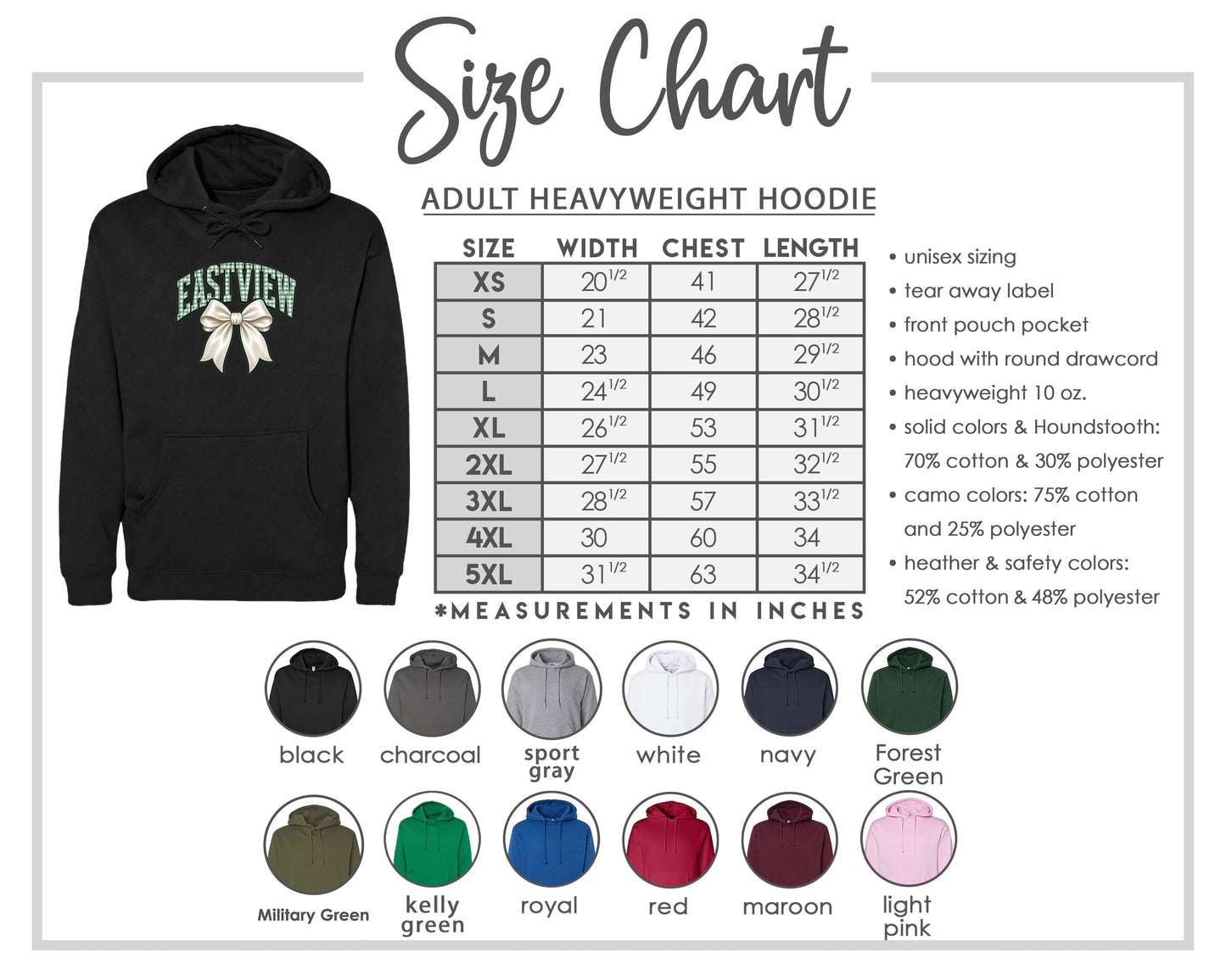 The image is a size chart for an adult heavyweight hoodie, including various color options and measurements in inches.