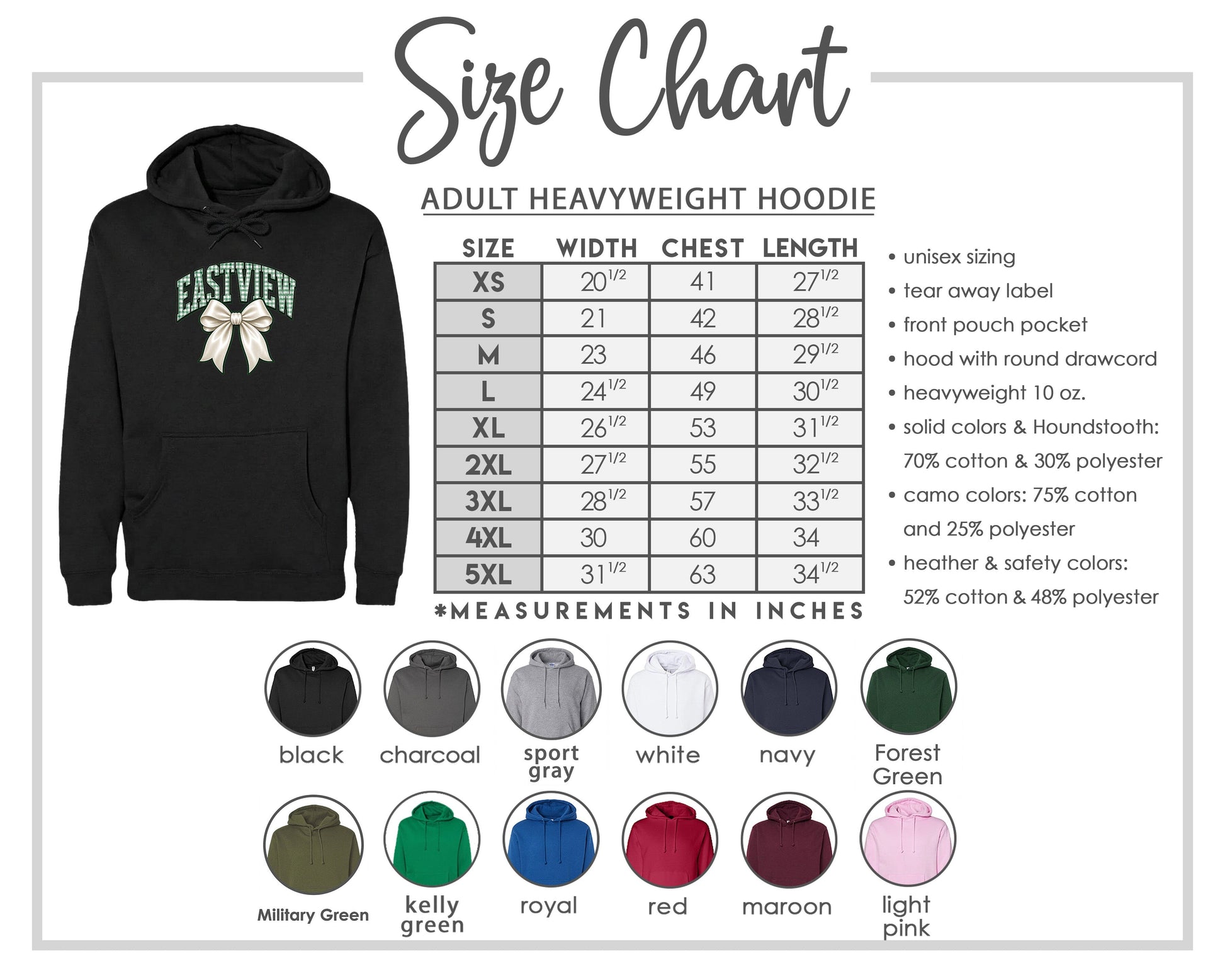 The image is a size chart for an adult heavyweight hoodie, including various color options and measurements in inches.