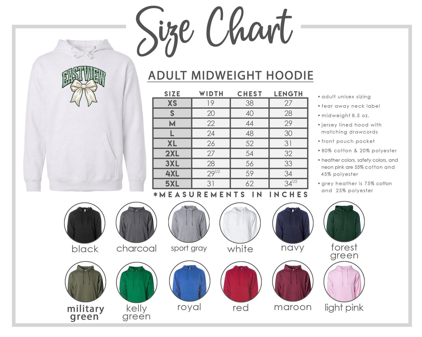 The image is a size chart for an adult midweight hoodie, including various color options and corresponding measurements in inches.