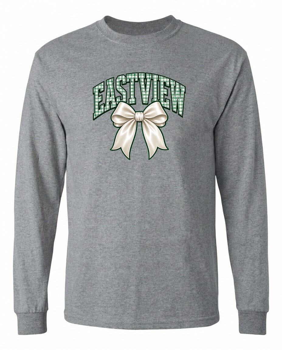 A gray long-sleeved t-shirt with a graphic design featuring a white bow and the word "EASTVIEW" printed on it.