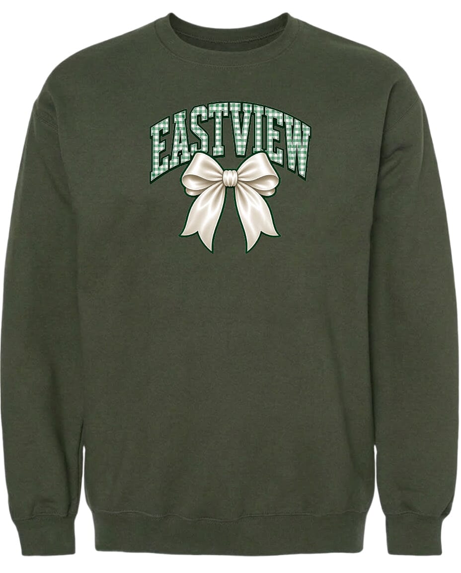 A dark green sweatshirt with a graphic design on the front.