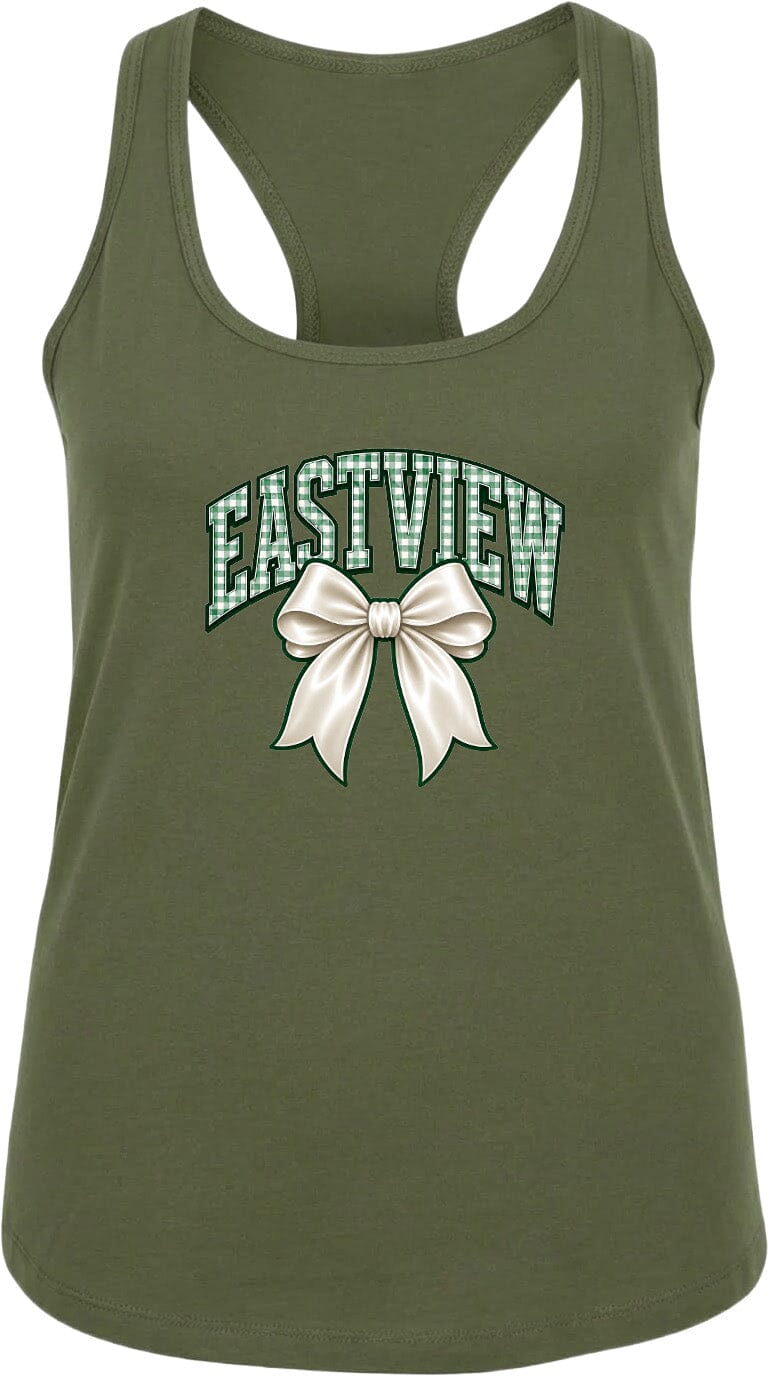A green tank top with a bow and the text "EASTVIEW" printed on it.
