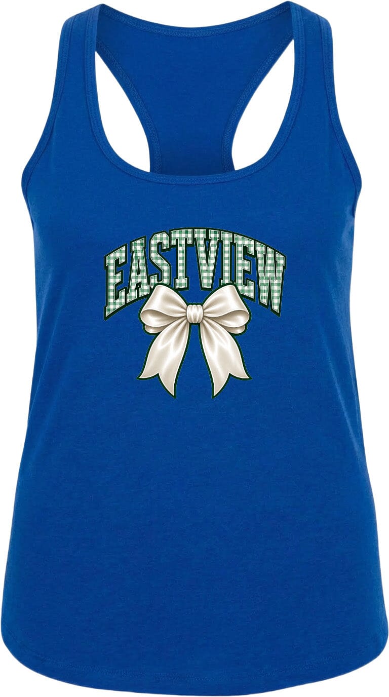 A blue tank top with a white bow and the text "EASTVIEW" printed on it.