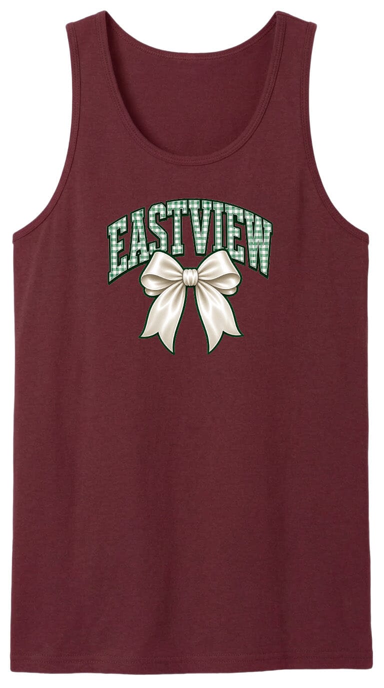 A burgundy tank top with a graphic design featuring a white bow and the word "EASTVIEW" printed on it.