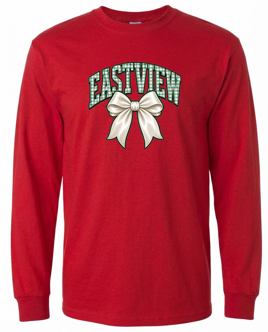 A red long-sleeved t-shirt with a graphic design featuring a white bow and the word "EASTVIEW" printed on it.