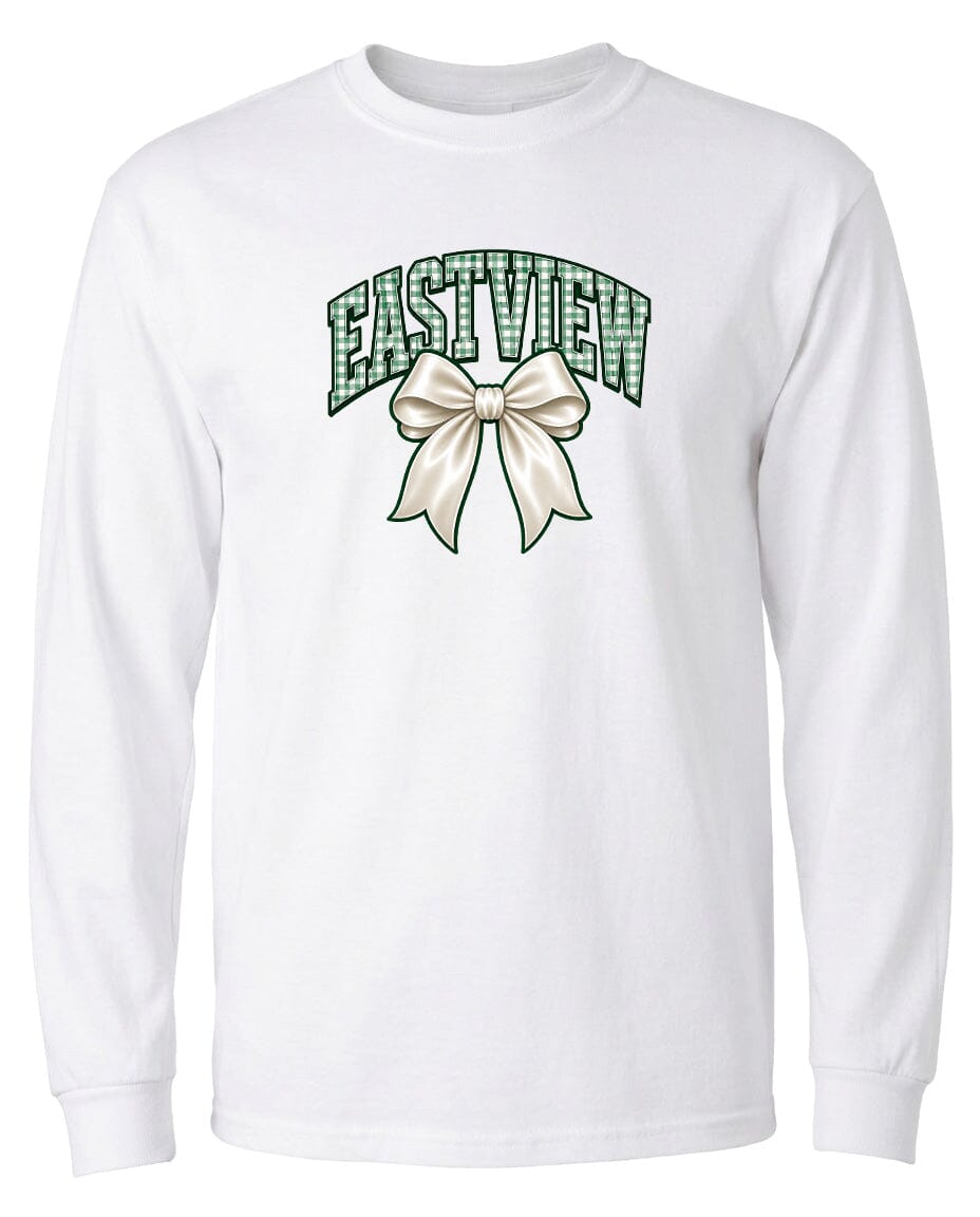 A white long-sleeved t-shirt with a graphic design featuring a bow and the word "EASTVIEW" printed on it.